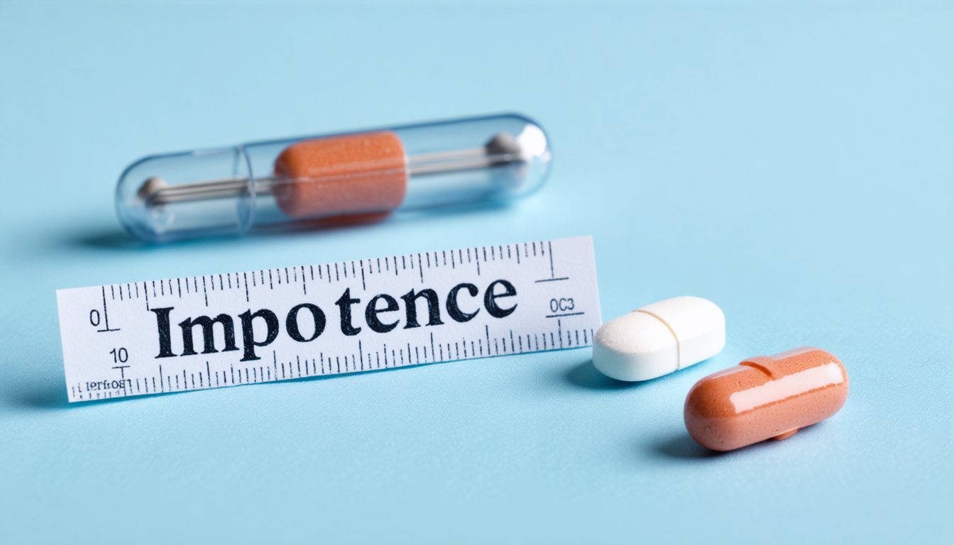Various impotence medication pills and a glass of water on a bedside table symbolizing treatment options for erectile dysfunction